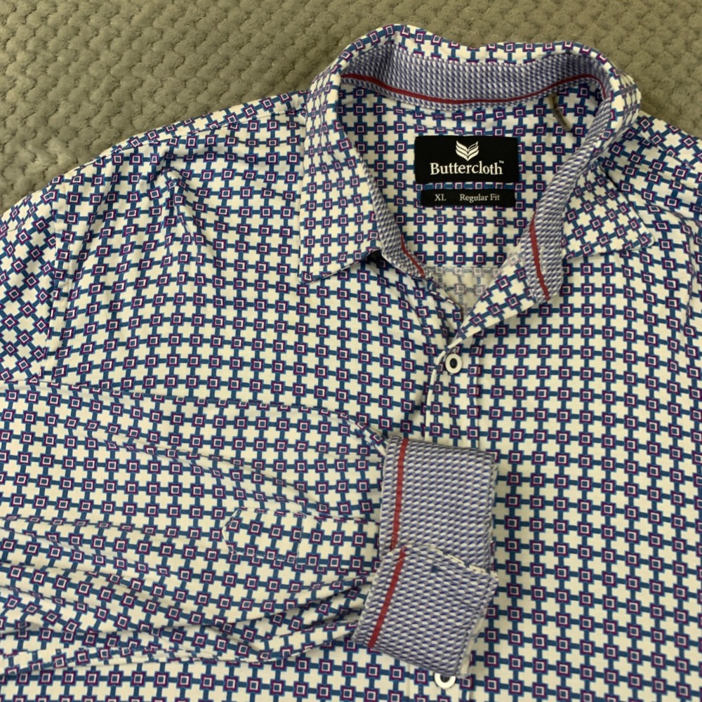 Buttercloth Shirt Mens XL Blue Purple Geometric Regular Fit 6-Way Stretch